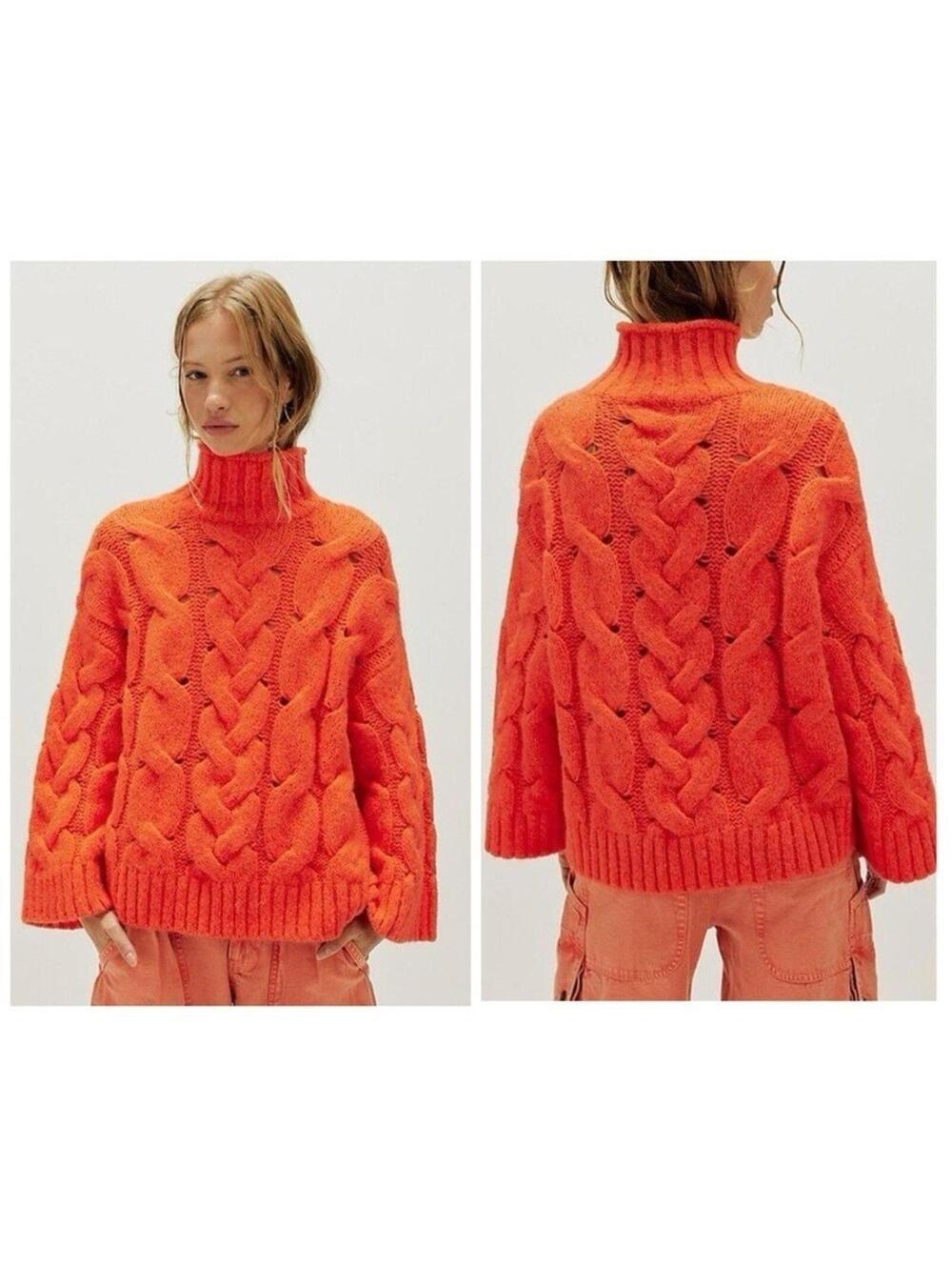 $298 FREE PEOPLE Clementine Soft Spun Cable Knit Pullover Orange Tango Sz L#1250 - Picture 11 of 11